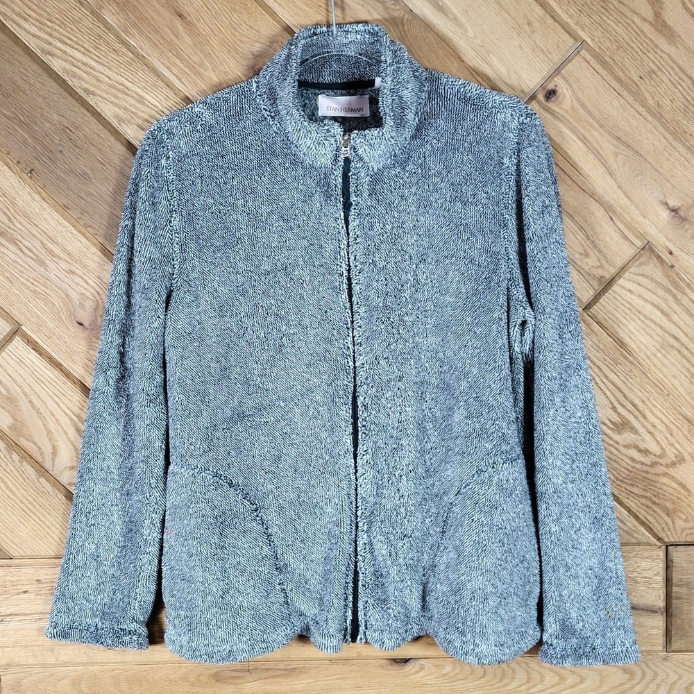 Stan Herman Fleece Zip Up Jacket Women Small Textured Mock Neck Pockets Green